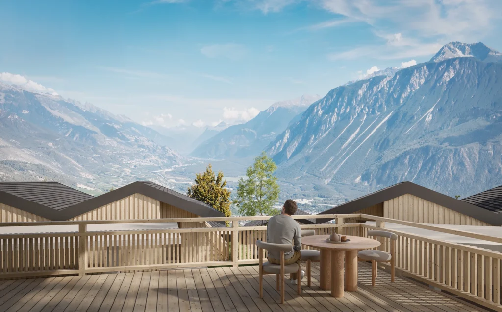 Vue époustouflante sur les Alpes des chalets du projet Les Martelles à Mollens, Suisse by FM immobilier